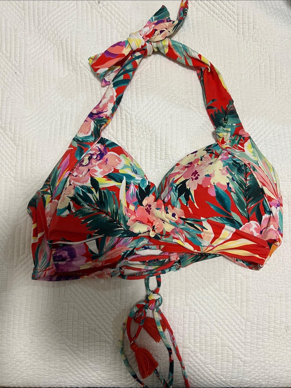 Red Tropical Floral Halter Bikini Top with Fun laced back with tassels